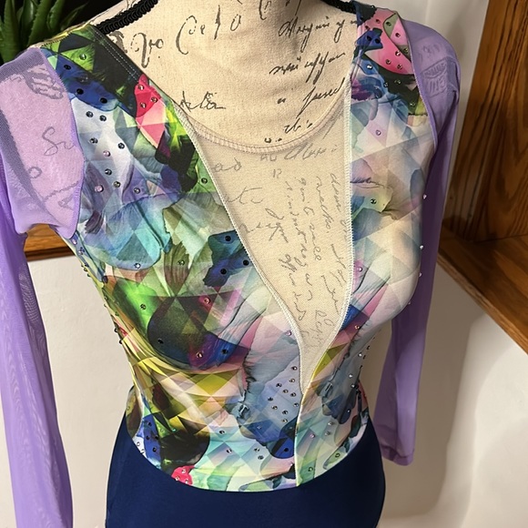 eleve Dance Costume Leotard Multicolored w/ Rhinestones & Mesh Details - Picture 5 of 12
